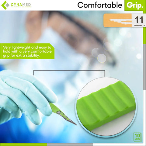Disposable Scalpel Blades Pack Of 10 Sharp Tempered Stainless Steel With Plastic Handle Individually Wrapped Sterile No 11 For Dermaplaning Crafts And More Heavy Duty Easy Grip, green handle close-up