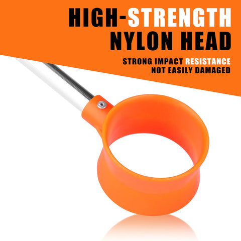 Telescopic Golf Ball Retriever With Pressure Activated Pickup showing orange nylon head and stainless steel shaft detail.