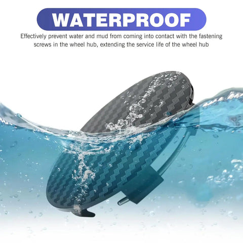 4 Pack Sick Wheel Center Caps With Glossy Carbon Pattern submerged in water, showcasing waterproof ABS material and design features.