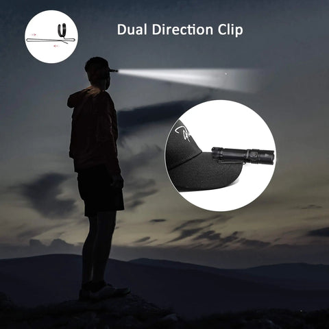 2000 Lumen EDC Flashlight With USB C Recharge clipped to cap, beam illuminating dark landscape, IPX8 waterproof, 1089 foot reach.