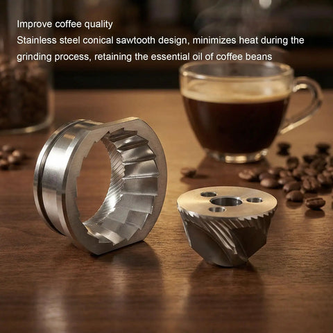 Conical Stainless Steel Grinder Burr Set For Plus Coffee Machine Replacement Burrs For Your Coffee Grinder Pro Grade No Fuss Install Precision Fit Parts For Home Barista, 48mm stainless burrs on wooden table