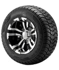 Four 205/50-10 Golf Cart Wheels And Tires Set With 10 Inch Aluminum Alloy Rims, Beefy 4 Ply Rubber, Black Finish, Side View
