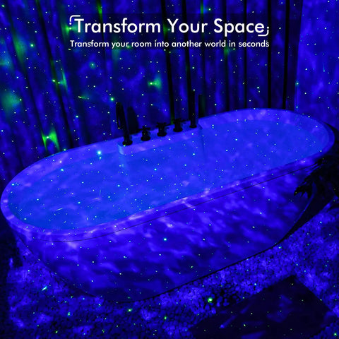 All In One Star Projector With Bluetooth Speaker, White Noise, Ocean Wave Night Light, and App Control illuminating a bathtub
