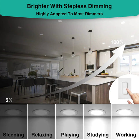 Dimming feature of 12 Pack Canless LED Recessed 4 Inch Ceiling Lights 1200 Lumens, 12W, 5000K Wafer Downlights in kitchen