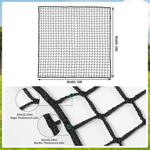 Dimensions and close-up of 10x10 Practice Net Heavy Duty Nylon Hitting Net For Garage And Backyard Ready To Roll