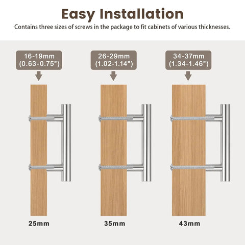 Three sizes of wood panels with 10 Pack 3-1/2 Inch Cabinet Pulls Sleek Stainless Steel Kitchen Cabinet Handles attached for easy installation.