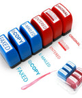 Nifty Six Piece Self Ink Rubber Stamp Set With Vivid Red And Navy Blue Office Stamps arranged with markings for efficient documentation.