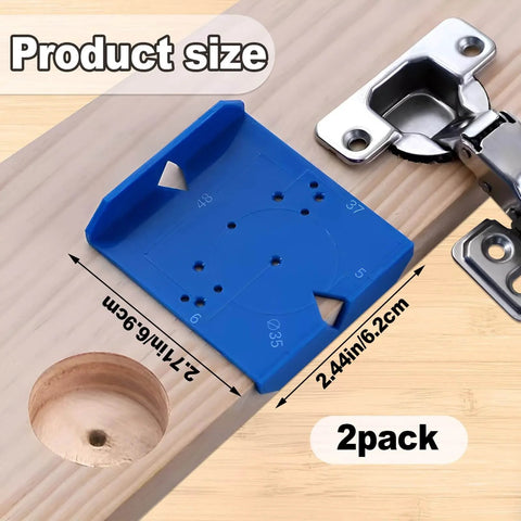 Dual size concealed hinge jig supports 35mm and 40mm hinges shown with mounting hole and hinge on wooden cabinet door