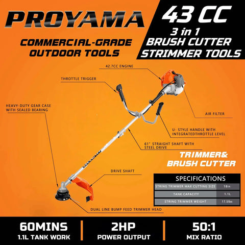 Heavy Duty Gas Weed Eater 3 In 1 Trimmer Brush Cutter With 42.7cc 2 Cycle Engine features and specifications displayed.
