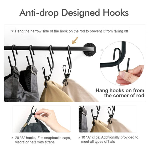Close-up of adjustable hooks on the Set Of 2 Black Wall Mounted Hat Racks With 20 Hooks For Caps Visors And Snapbacks.