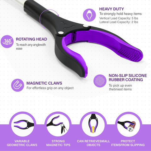 32 Inch Reacher Grabber Tool With Magnetic Swivel Head, Heavy Duty Pick Up Stick For Seniors And Quick Trash Cleanup, Long Reach Helper For Litter, Post Surgery Recovery, Purple Gift Idea