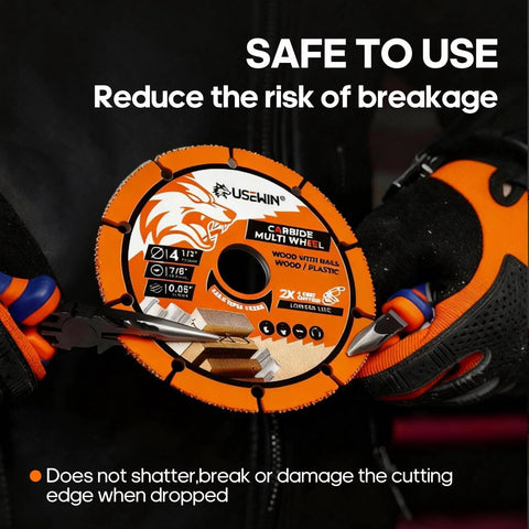 Front view of orange 4-1/2 inch carbide cut-off wheel for angle grinder; USEWIN brand, for wood/plastic; 2-pack.