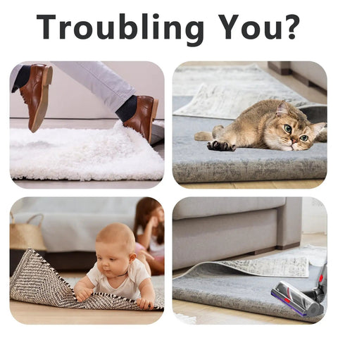 Non Slip Carpet Tape Kit 24 Pieces Edge Fixer to Stop Curling and Slippage used for pet and child safety on hardwood floors.