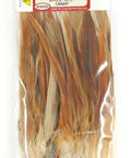 Natural Brown Saddle Hackle Feathers for Fly Tying Rooster Saddle Feathers 5 to 7 Inches, in clear package front view