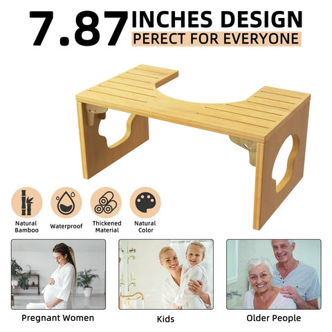 Foldable Bamboo Poop Stool For Grown Ups With Anti Slip Surface Squat Style Toilet Stool To Relax Pelvic Floor And Improve Defecation Eases Constipation And Hemorrhoids Portable Bathroom Potty Stool For Home Travel And Small Bathrooms displayed with benefits and uses for all ages.
