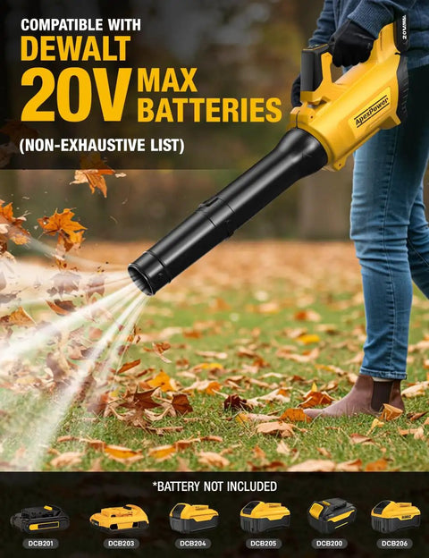 Person using Cordless Leaf Blower For 20V DEWALT Battery, Turbo Boost Brushless Powerhouse on fallen leaves outdoors