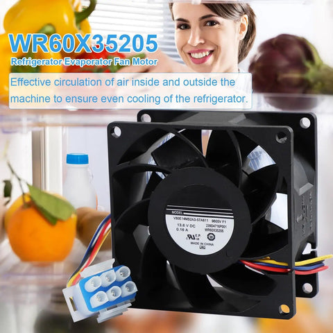 Refrigerator Evaporator Fan Motor DC 13.6V 0.16A Replacement For GE Models WR60X29099 WR60X24723 WR60X20880 WR60X26281 shown in a fridge