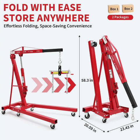 Heavy Duty 4400 LB Folding Cherry Picker Engine Hoist With 6 Badass Rolling Casters And Built In Level, shown in folded position.