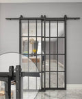 Sliding Barn Door Hardware Kit For Bypass Double Doors With Side Mounted Rails, 400cm Track, shown installed in modern room