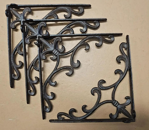 Sturdy Cast Iron Shelf Bracket Set 10x10 Inches With Ornate Fleur De Lis Design Matte Brown Finish Six Pack Heavy Duty