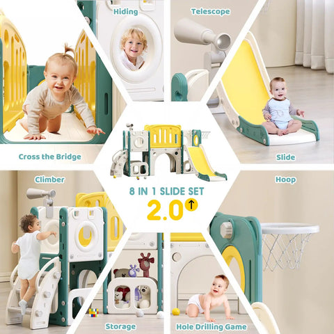 Infographic of 8 In 1 Toddler Climber And Slide Playset With Basketball Hoop For Indoor And Outdoor Fun and features.