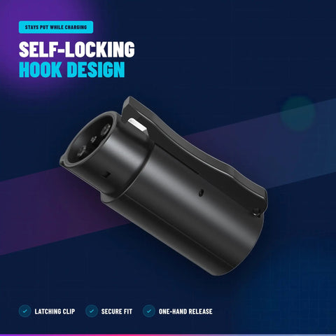 Nacs To J1772 Adapter Unleashes Full Throttle 80 Amp Fast Charging For Tesla and Every J1772 EVs With Dead Simple Plug And Play Setup IP55 Weatherproof Build, showing self-locking hook design.