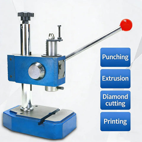 Rugged As Nails Heavy Duty Manual Arbor Press With Secure Grip And 360 Degree Rotatable Head For Quick Riveting Punching And Precision Fabrication Work Right On Your Shop Bench, blue steel press for punching, extrusion, and diamond cutting.