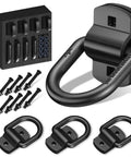 Heavy Duty 1 2 Inch D Ring Tie Down Anchors 4 Pack Black Forged Steel Trailer Setup Rated 3000 Lbs Safe Work Load And Rock Solid Build For Atvs Trucks Cargo showing anchors and screws.