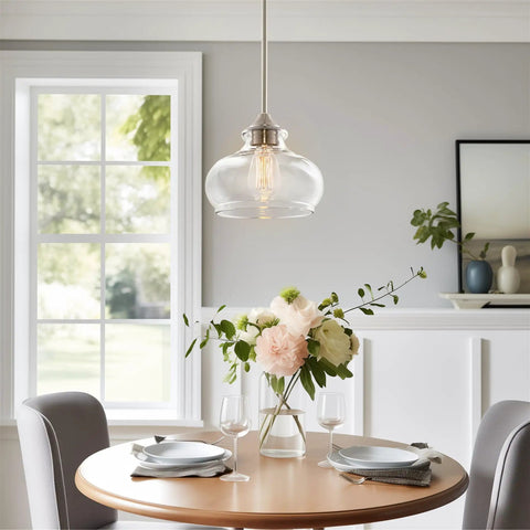 Modern Schoolhouse Pendant Light With Clear Glass Shade In Brushed Nickel Finish Industrial Farmhouse Style Over Dining Table