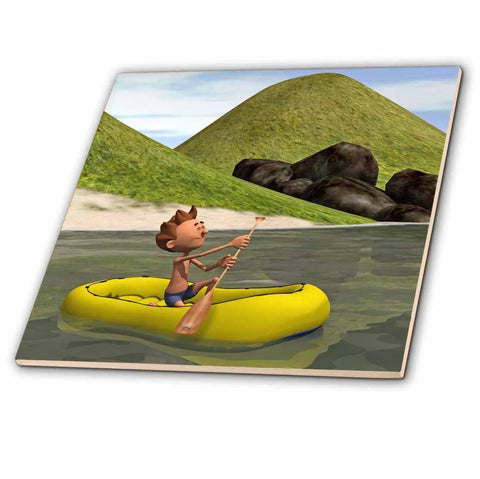 Cartoon Dude On Ocean Rowing Inflatable Raft 8 Inch Ceramic Tile For Backsplash And Countertop Accent With High Gloss Finish Not For Direct Sunlight Or High Heat