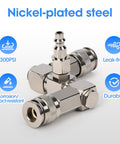 Nickel-plated steel dual line air hose splitter with 360 degree swivel and one quarter NPT steel fittings, 300 PSI industrial air compressor connector.