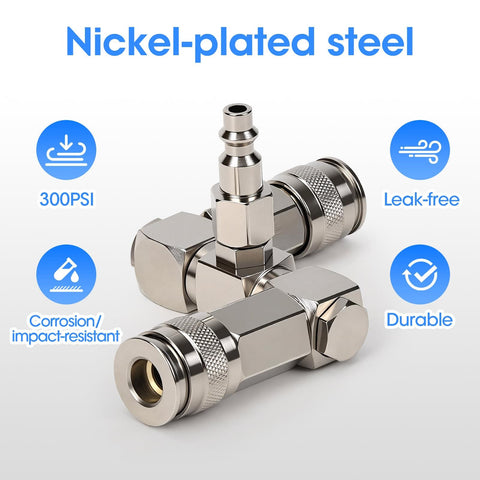 Nickel-plated steel dual line air hose splitter with 360 degree swivel and one quarter NPT steel fittings, 300 PSI industrial air compressor connector.