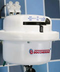 Electric Shower Head 110V Point Of Use Shower Unit with Dual Spray System, temperature dial visible, mounted on tiled wall.