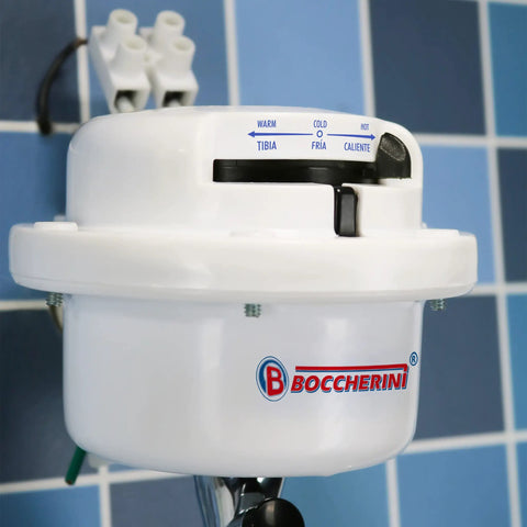 Electric Shower Head 110V Point Of Use Shower Unit with Dual Spray System, temperature dial visible, mounted on tiled wall.