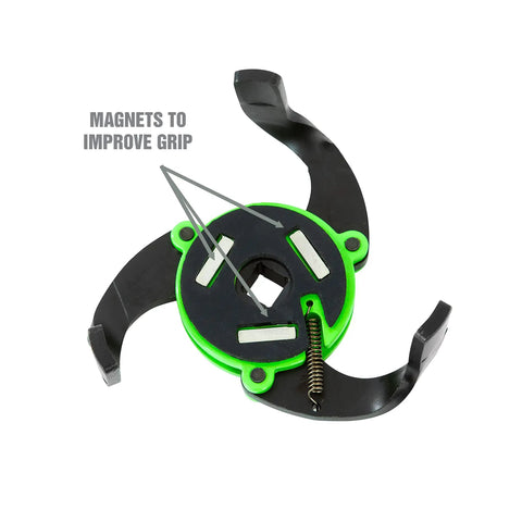Beefy 3 Jaw Magnetic Oil Filter Wrench for Tight Spaces shown with three curved jaws and magnetic base for better grip.