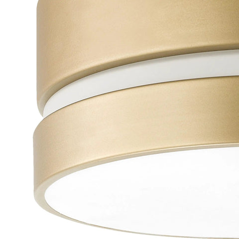 Close-up of soft gold finish two light flush mount ceiling light with frosted glass shade minimalist glam style for kitchen island bedroom or dining room perfect modern home decor.