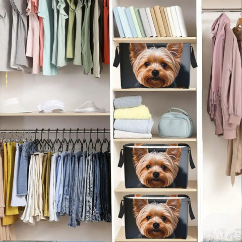 Hella Badass Waterproof Oxford Fabric Rectangle Storage Basket With Sturdy Cross Top Handles For Household Decluttering And Bedroom Shelving Projects Daily on shelves with clothes and books.