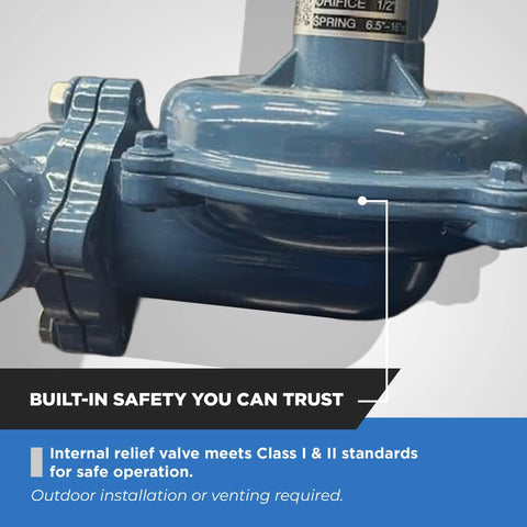 Front view of blue metal natural gas regulator with 3/4 in NPT ports