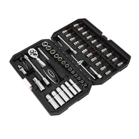 One Quarter Inch Socket Wrench Set With Premium Steel Ratchet in open durable storage case, 21-piece mechanic grade tool kit