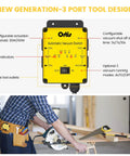Ortis Automatic Vacuum Switch front view; yellow housing with three tool outlets, LED indicators, and auto/off switch