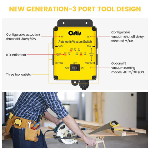 Ortis Automatic Vacuum Switch front view; yellow housing with three tool outlets, LED indicators, and auto/off switch