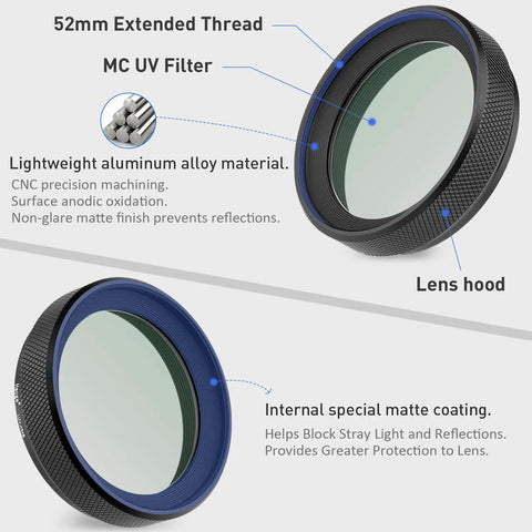2in1 Pro Grade Metal Lens Hood With UV Filter For Fujifilm X100V X100VI Cameras shown in detailed close-up, black finish.