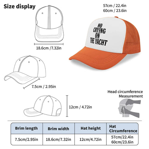 Breathable Men's Trucker Hat For Running And Everyday Wear With No Sweat Band, size display and measurement chart