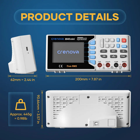 30,000 Counts True RMS Digital Multimeter For Bench Top Lab And Industrial Use With USB Data Logging CAT II 600V dimensions view