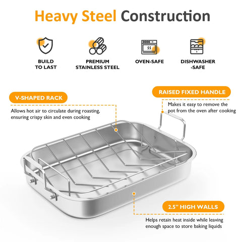 15.6 Inch Nonstick Stainless Steel Roasting Pan with V Shaped Rack and Handles, Highlighted Features, Dishwasher Safe