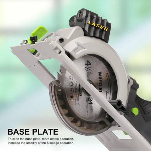Powerful Compact Circular Saw With Laser Guide, 5.8 Amp, 3500 RPM close-up of base plate and laser feature