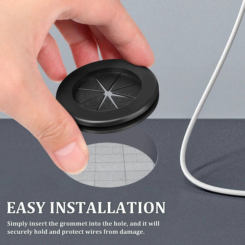 Six Pack Rubber Wire Grommet Kit With Dual Sided Design For Wear Resistant Organized Cable Management And Easy Desk Hole Covers For Home Office Wire Protection And Cord Management black rubber desk grommet being installed in tabletop hole
