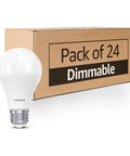 Dimmable A19 LED Light Bulbs 5000K Crisp Daylight, 9.5W, in front of a pack of 24, E26 Base, UL Listed