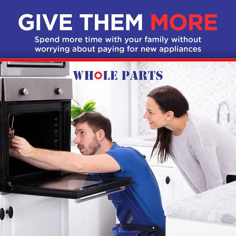 Couple repairing oven, highlighting the ease of appliance maintenance over replacement, promoting Whole Parts solutions.