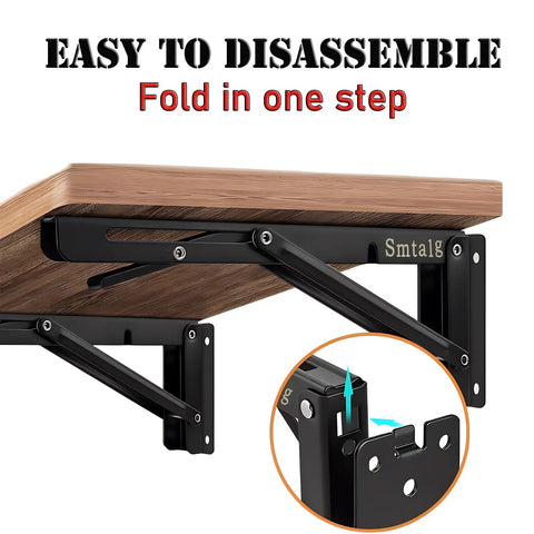 Tough As Nails 18 Inch Folding Shelf Brackets Two Pack showing easy disassembly feature with black metal supports and wooden shelf.